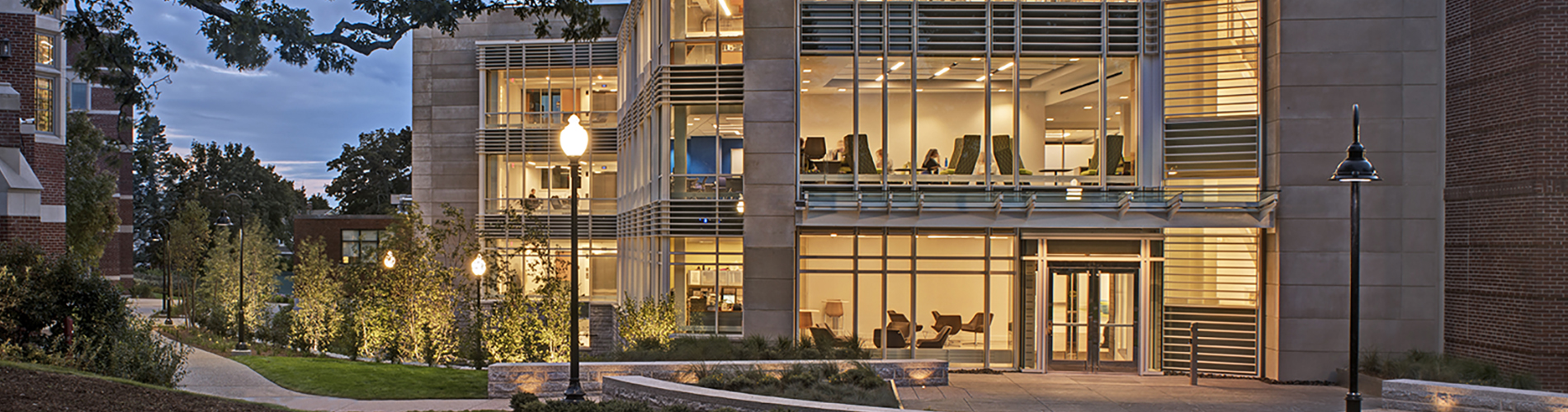 Providence College Science Complex exterior, architectural, dusk
