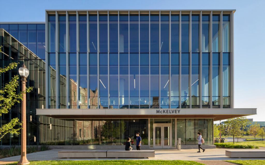 Large glass building with sign saying McKelvey